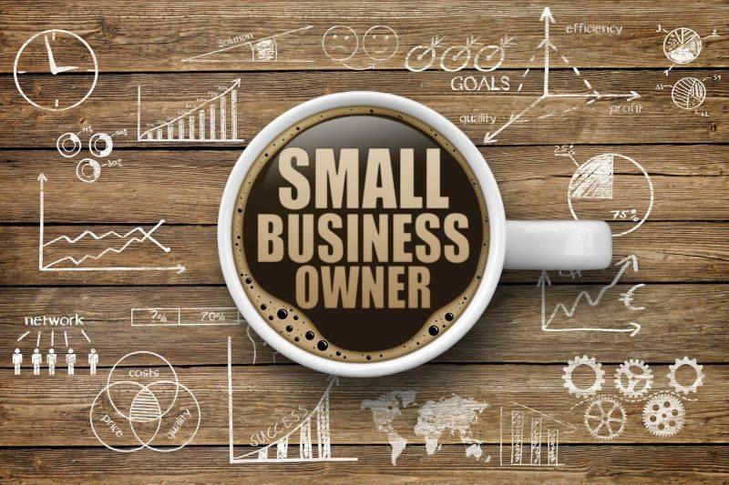 coffee in cup with words small business owner and surrounding images to signify financial planning